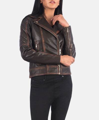 Carolyn Quilted Vintage Brown Biker Jacket