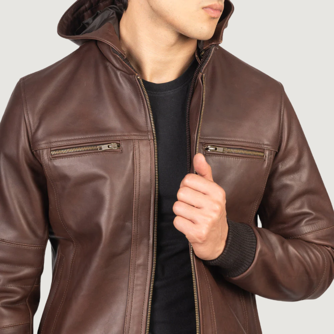 Bouncer Biz Brown Leather Bomber Jacket