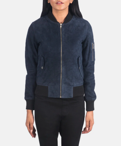 Ava MA-1 Blue Suede Bomber Jacket
