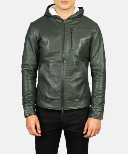 Baston Green Hooded Leather Bomber Jacket