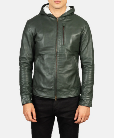 Baston Green Hooded Leather Bomber Jacket