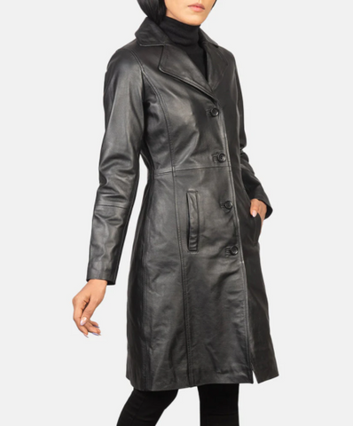 Alexis Black Single Breasted Leather Coat