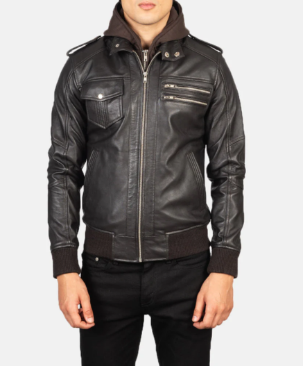 Bravado Black Hooded Leather Bomber Jacket