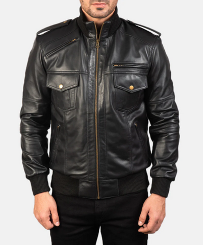 Agent Shadow Black Leather Bomber Jacket
