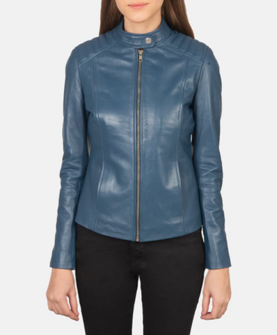 Kelsee Blue Leather Biker Jacket