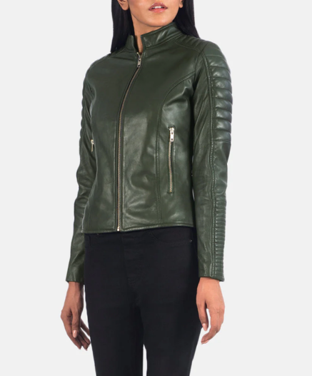 Adalyn Quilted Green Leather Biker Jacket