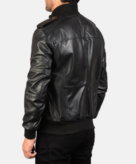 Agent Shadow Black Leather Bomber Jacket