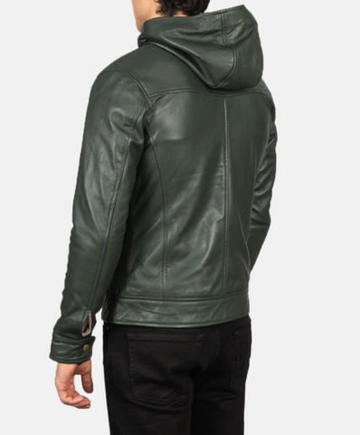 Baston Green Hooded Leather Bomber Jacket