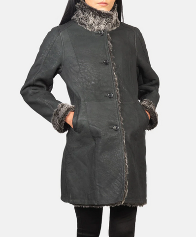 Erica Shearling Black Leather Coat