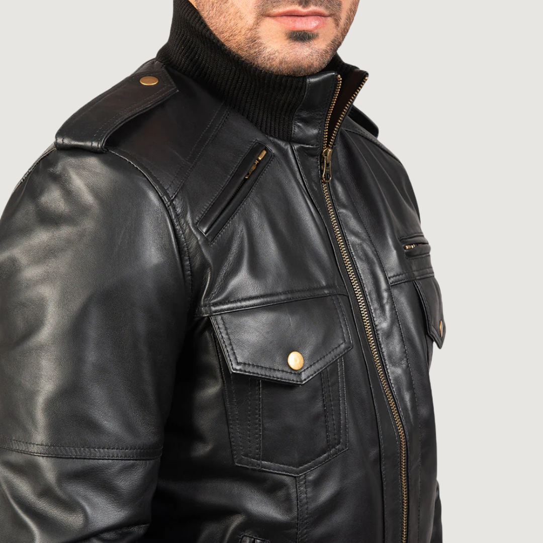 Agent Shadow Black Leather Bomber Jacket