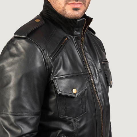 Agent Shadow Black Leather Bomber Jacket