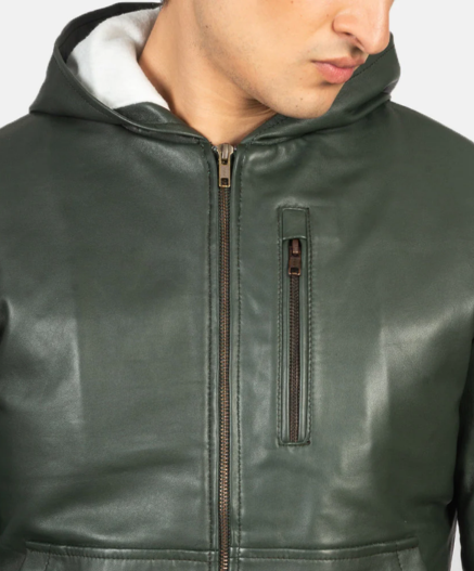 Baston Green Hooded Leather Bomber Jacket