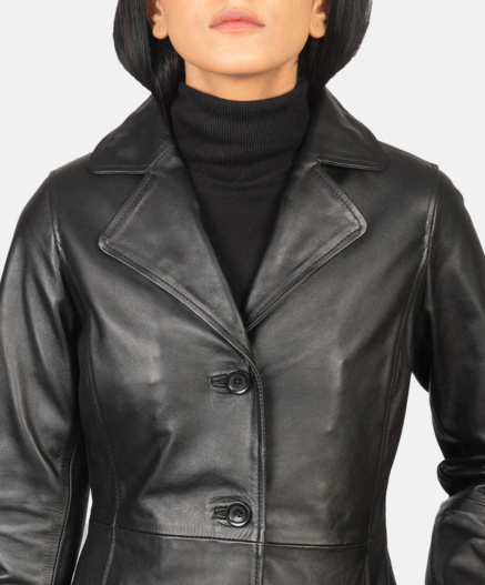 Alexis Black Single Breasted Leather Coat