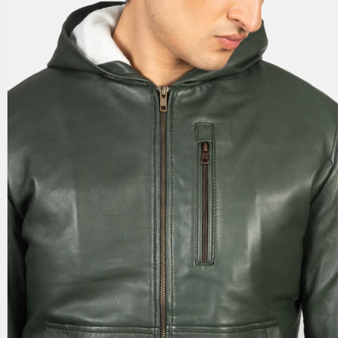Baston Green Hooded Leather Bomber Jacket