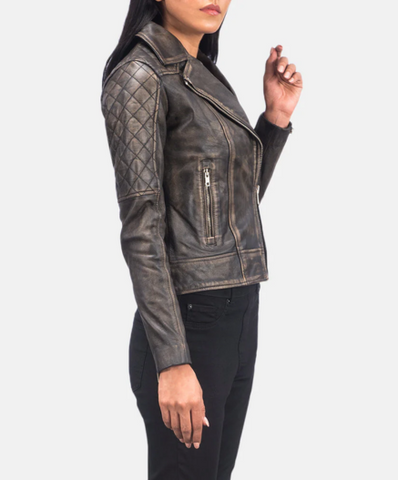 Carolyn Quilted Distressed Brown Biker Jacket