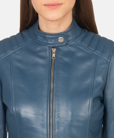 Kelsee Blue Leather Biker Jacket