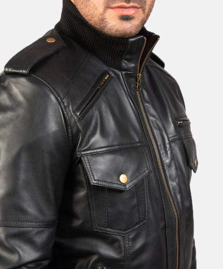 Agent Shadow Black Leather Bomber Jacket