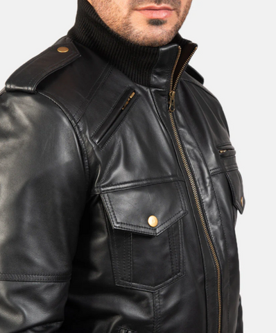 Agent Shadow Black Leather Bomber Jacket