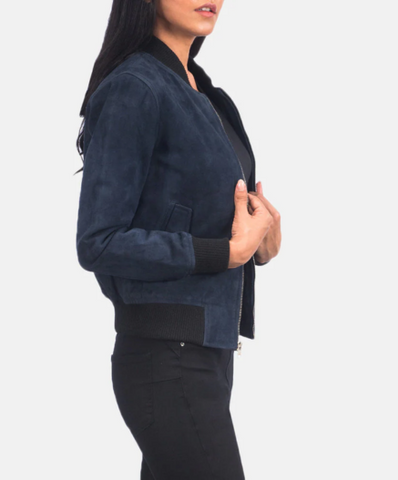 Ava MA-1 Blue Suede Bomber Jacket