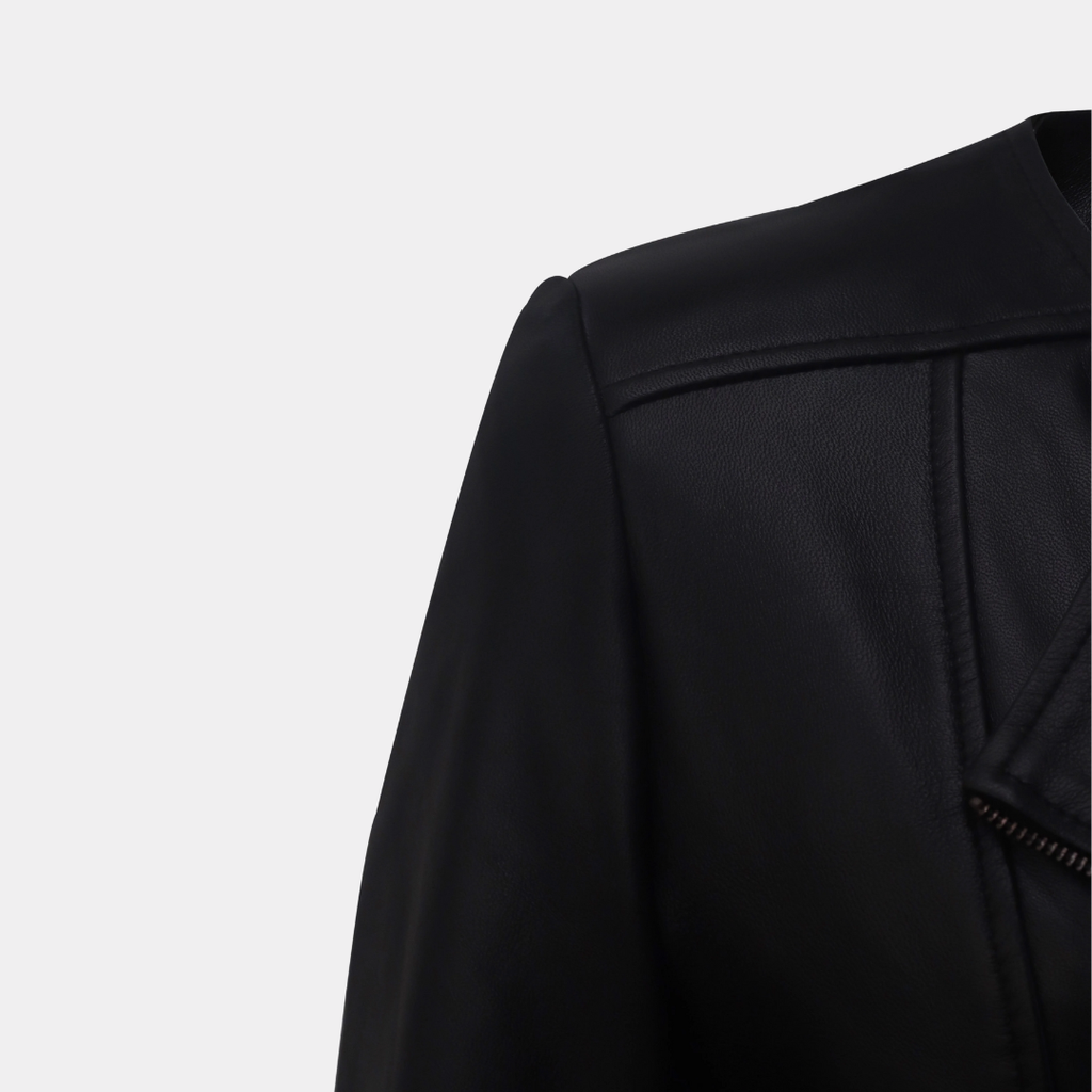 Women Round Necked Black Leather Jacket
