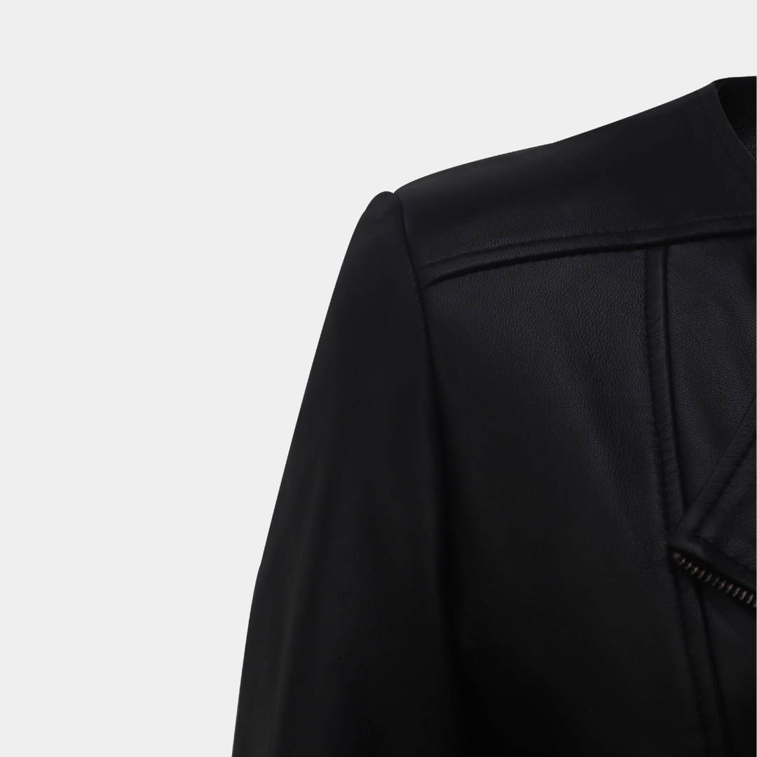 Women Round Necked Black Leather Jacket