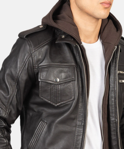 Bravado Black Hooded Leather Bomber Jacket