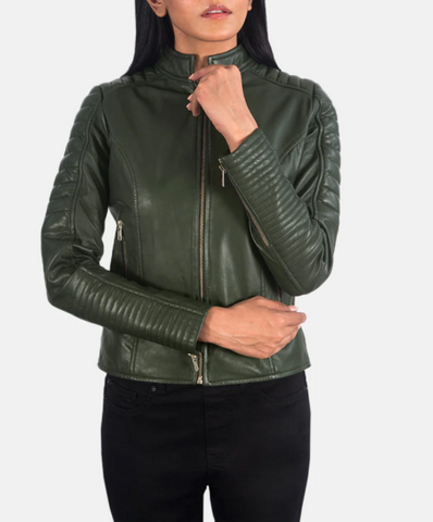 Adalyn Quilted Green Leather Biker Jacket