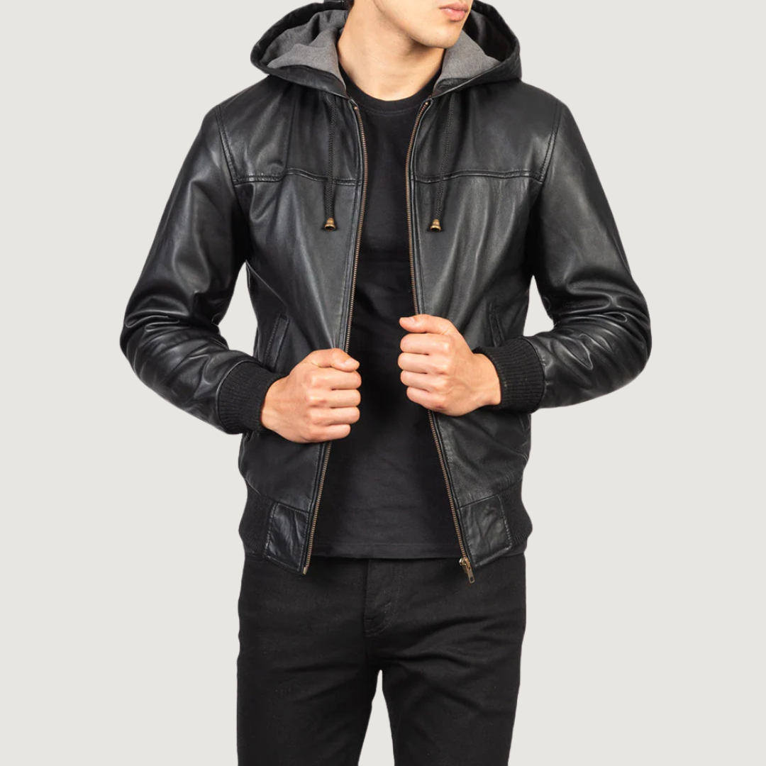 Nintenzo Black Hooded Leather Bomber Jacket