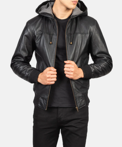 Nintenzo Black Hooded Leather Bomber Jacket