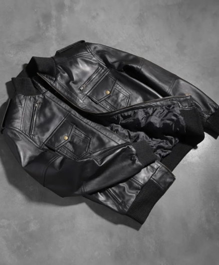 Agent Shadow Black Leather Bomber Jacket