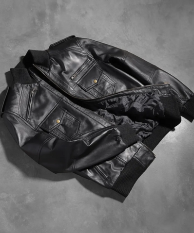 Agent Shadow Black Leather Bomber Jacket