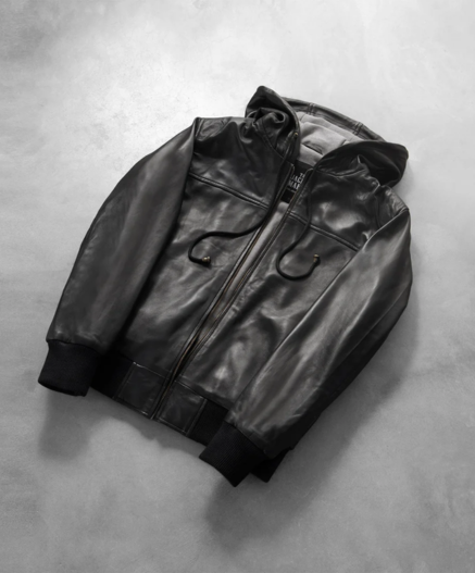 Nintenzo Black Hooded Leather Bomber Jacket