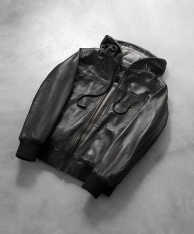 Nintenzo Black Hooded Leather Bomber Jacket