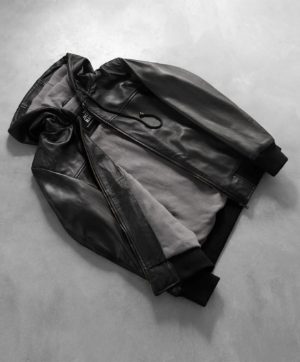 Nintenzo Black Hooded Leather Bomber Jacket