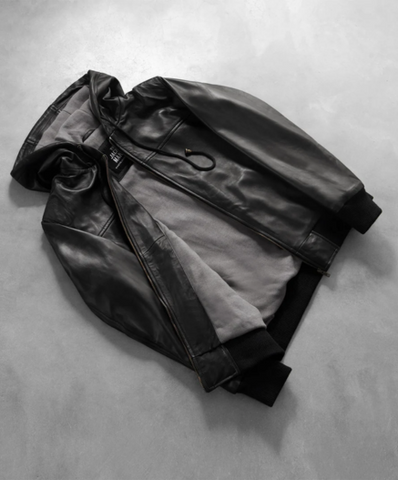 Nintenzo Black Hooded Leather Bomber Jacket