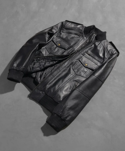 Agent Shadow Black Leather Bomber Jacket