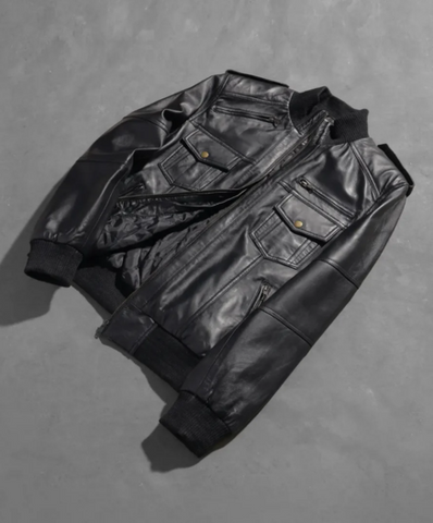 Agent Shadow Black Leather Bomber Jacket