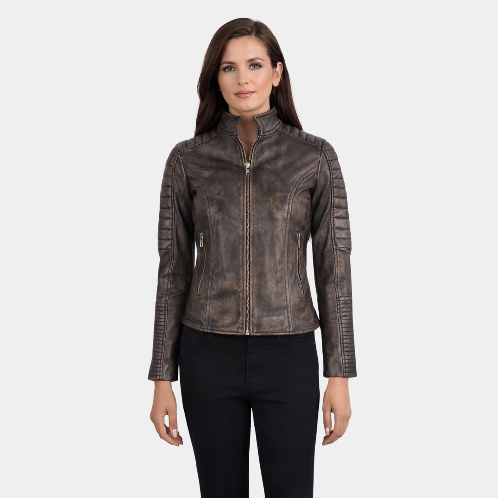 Adalyn Quilted Distressed Brown Leather Biker Jacket