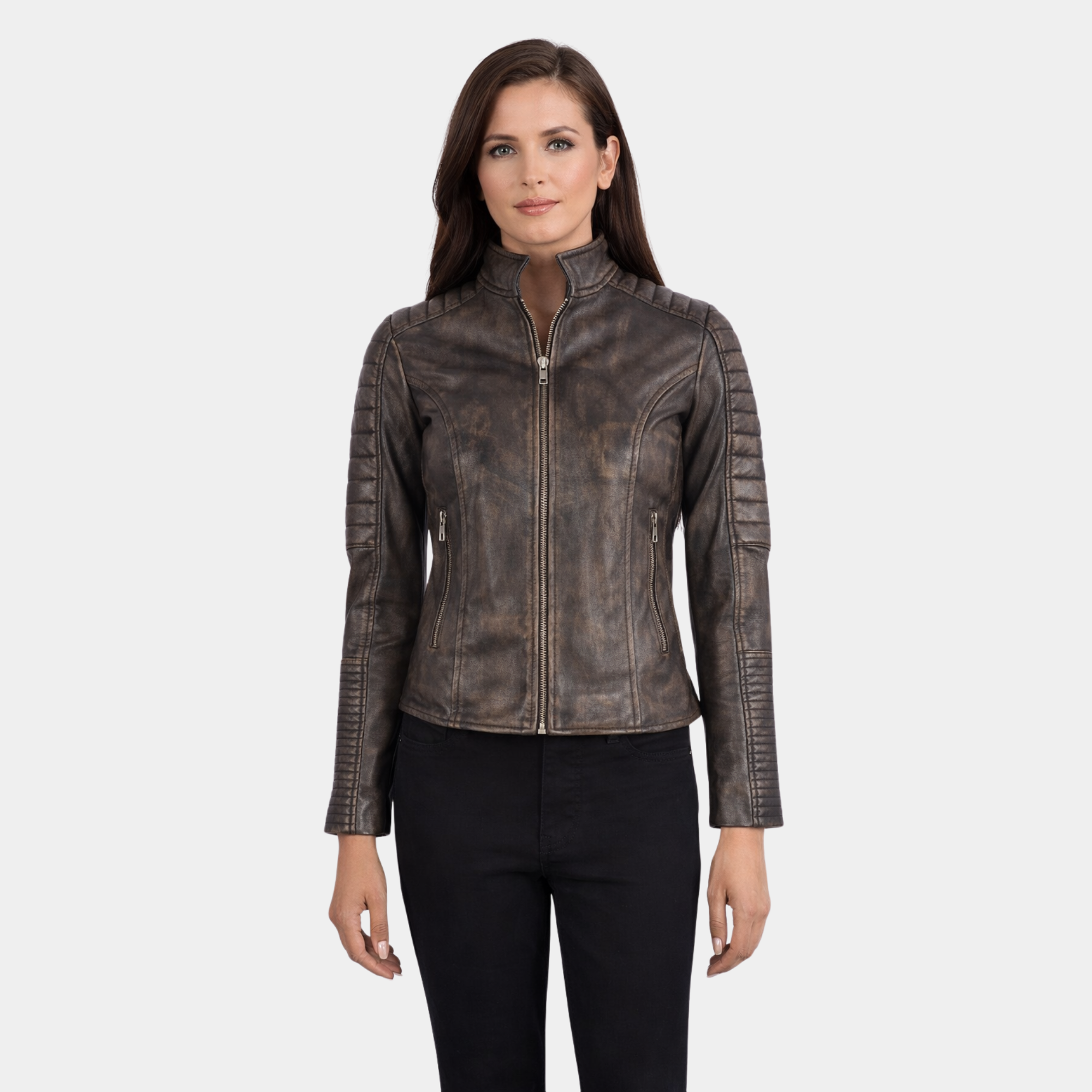 Adalyn Quilted Distressed Brown Leather Biker Jacket
