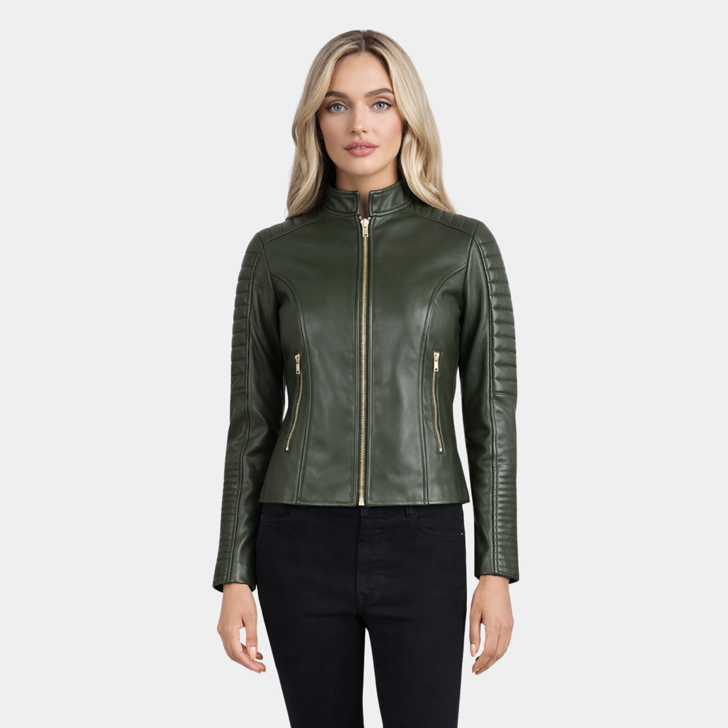 Adalyn Quilted Green Leather Biker Jacket