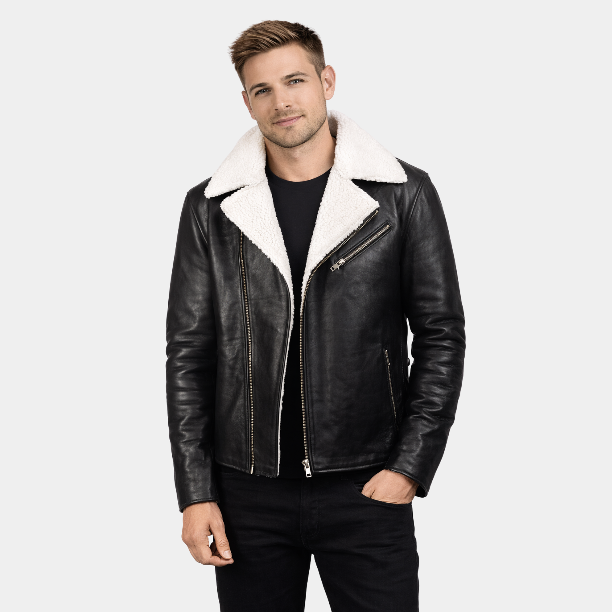 Alberto White Shearling Black Leather Jacket