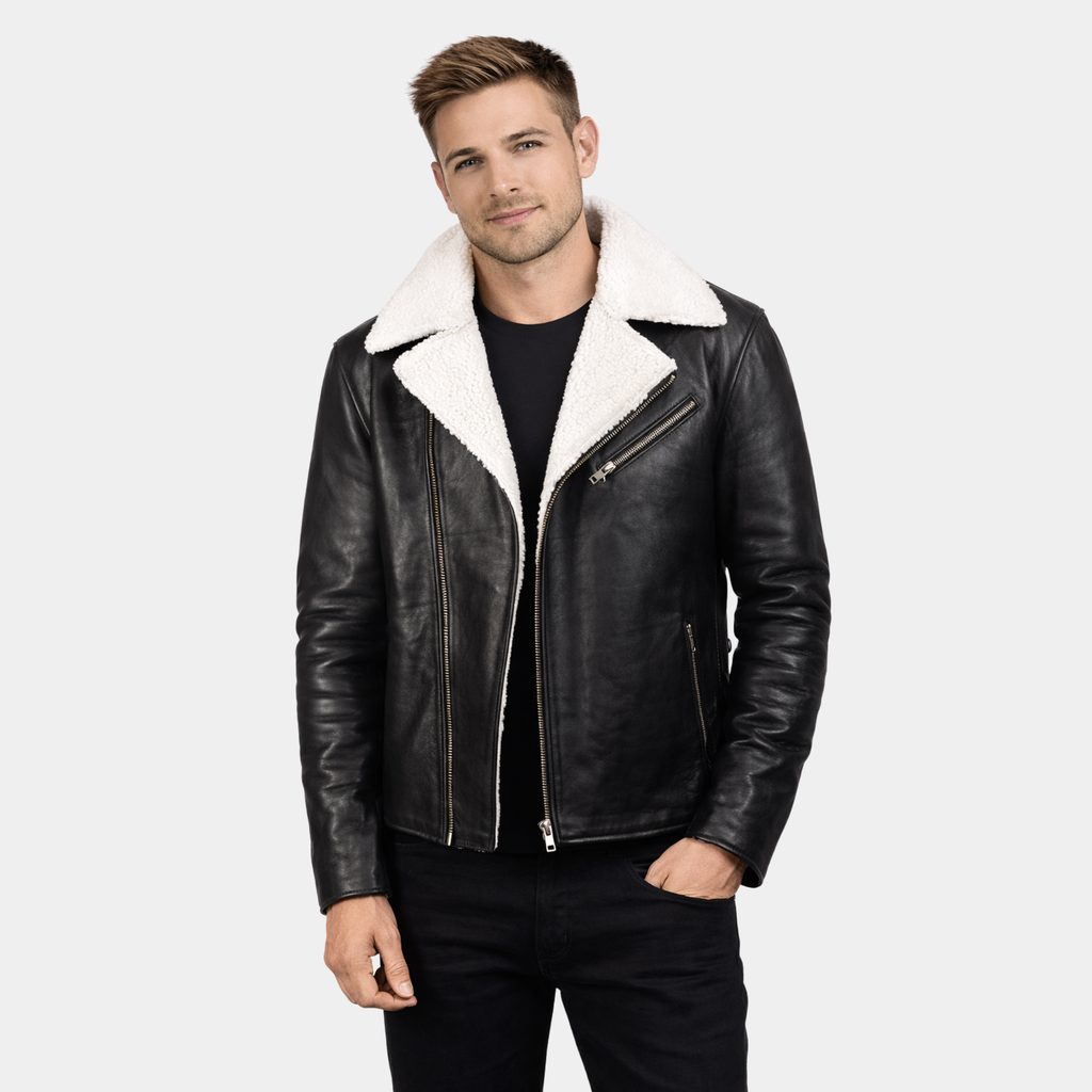 Alberto White Shearling Black Leather Jacket