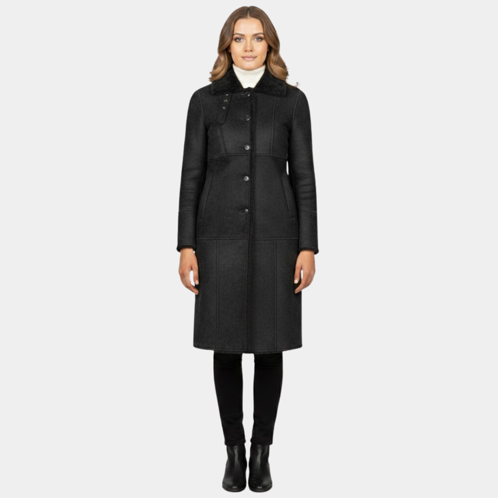 Alina Shearling Black Leather Coat