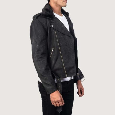 Furton Distressed Black Leather Biker Jacket