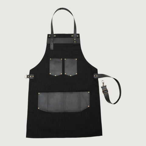 The Nottinghamshire Black Canvas Apron With Black Top Grain Leather Pocket