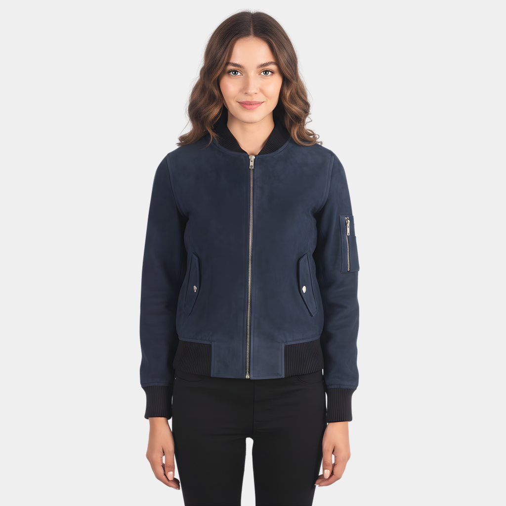 Ava Ma-1 Blue Suede Bomber Jacket
