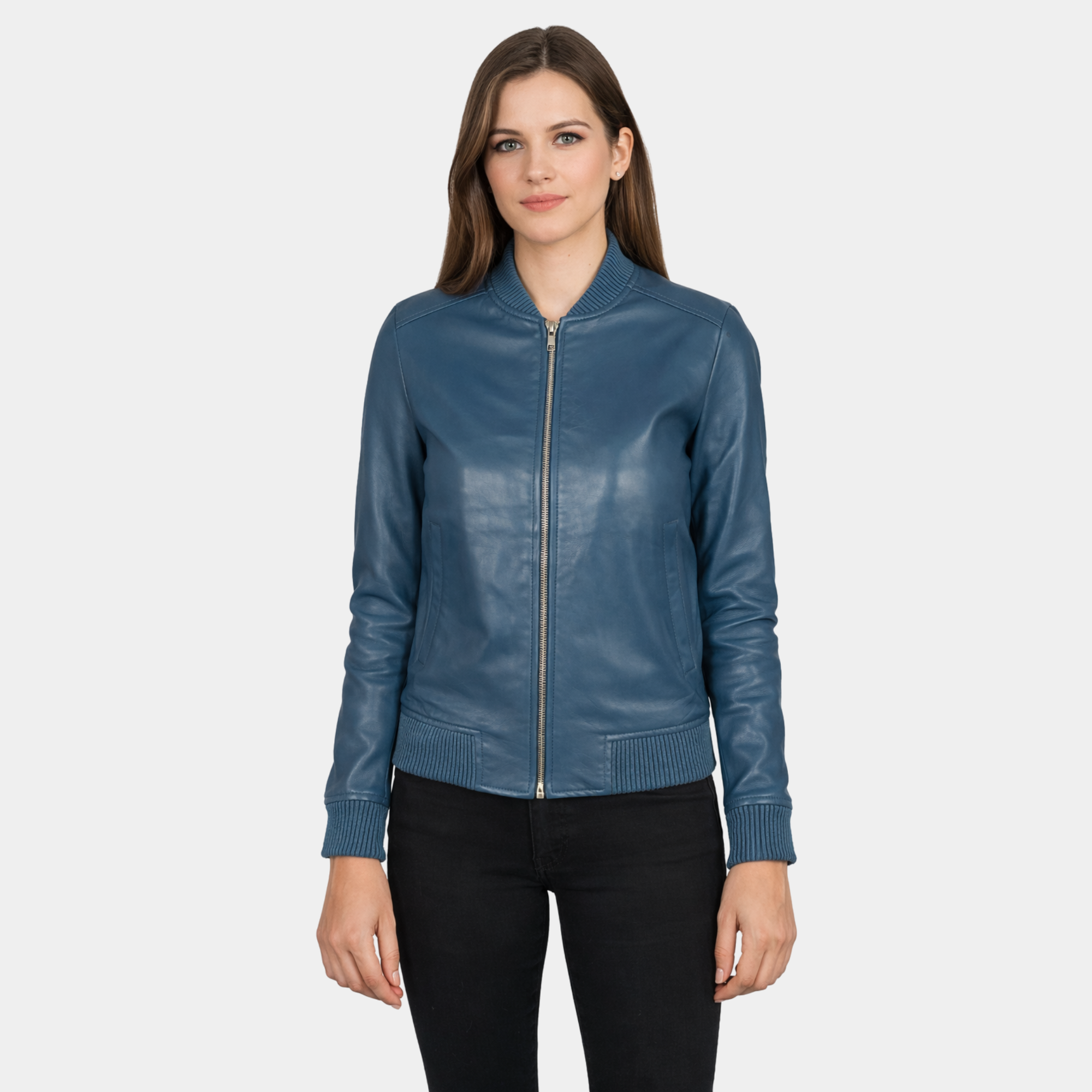Bliss Blue Leather Bomber Jacket