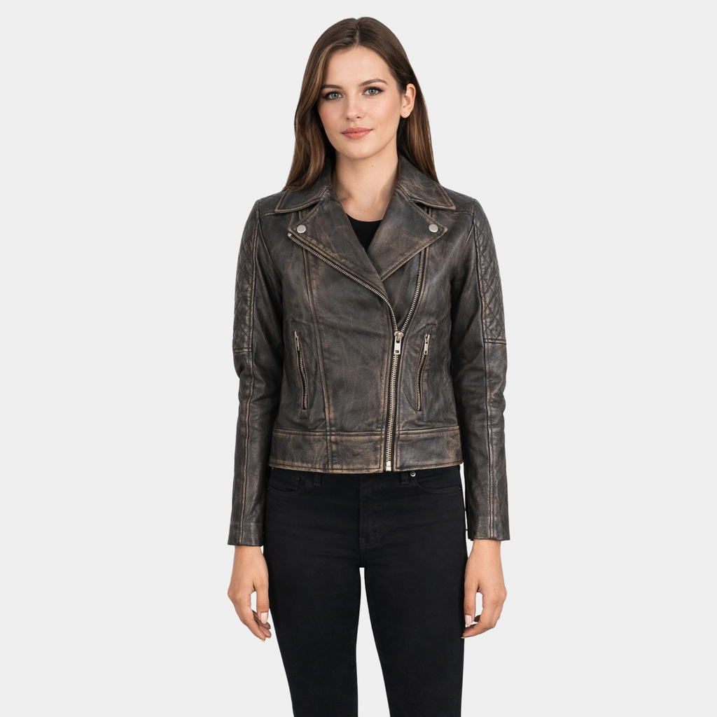 Carolyn Quilted Distressed Brown Biker Jacket