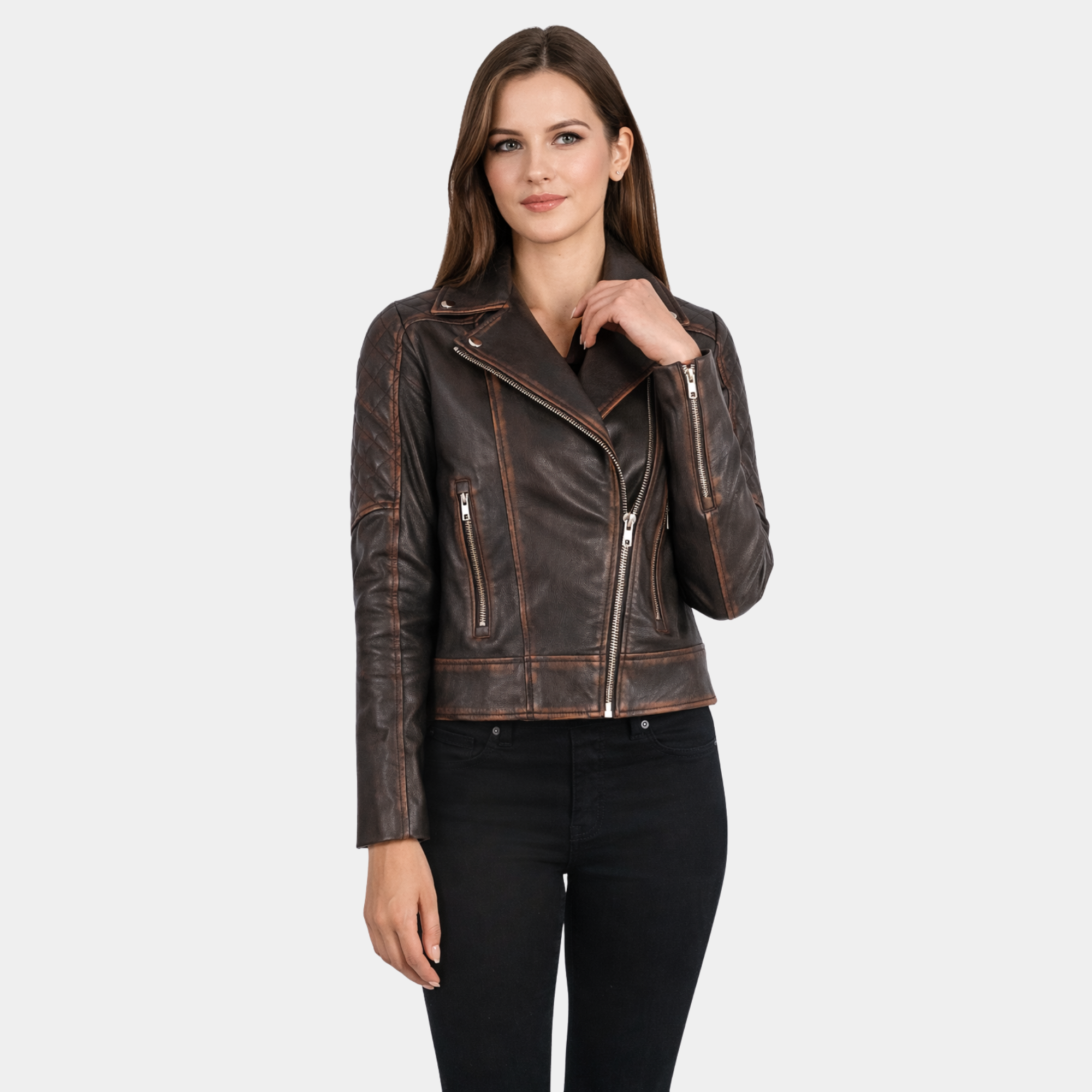 Carolyn Quilted Vintage Brown Biker Jacket