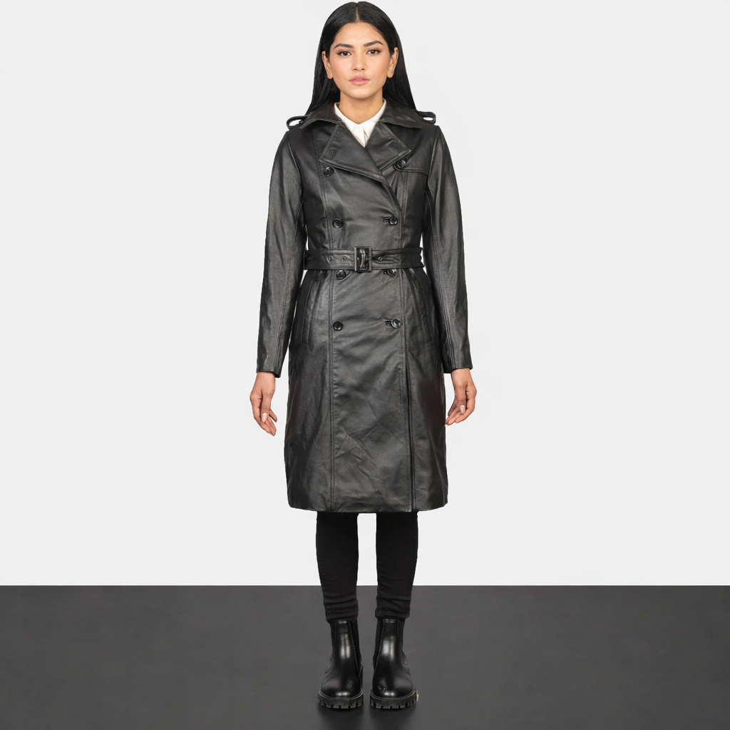 Alice Black Double Breasted Leather Coat